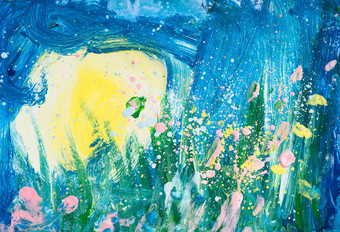 照片真正的画画幼儿园学前教育孩子水彩水粉画混合颜色概念艺术教育类治疗灵感绿色草雪黄色的太阳蓝色的天空粉红色的溅