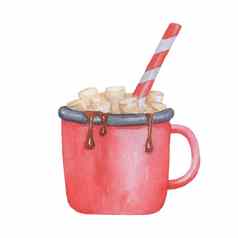 水彩热巧克力圣诞节糖果狗棉花糖红色的杯孤立的白色背景