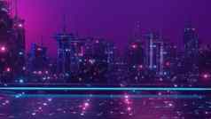摘要背景紫色的霓虹灯网格城市轮廓古董风格渲染
