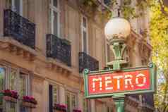 复古的巴黎地铁标志蒙马特巴黎日落法国