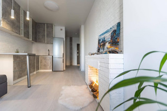 舒适的奢侈品现代室内设计工作室公寓额外的白色颜色时尚昂贵的家具极简主义风格白色平铺的地板上厨房放松区域工作场所