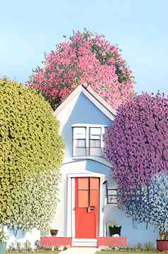 房子色彩斑斓的花花园柔和的颜色