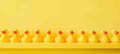 横幅黄色的橡胶鸭背景黄色的鸭子行橡胶鸭模式黄色的概念沟通社区橡胶极好的浴玩具小鸭子浴室架子上玩具设计架子上装饰组织