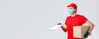包包裹交付科维德交付转移订单配置文件友好的快递红色的统一的脸面具手套带订单持有盒子给形式客户端标志