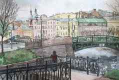 圣彼得堡桥梁春天水彩插图