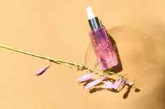 前视图光紫罗兰色的瓶化妆品皮肤护理产品莉莉谷花金沙子背景