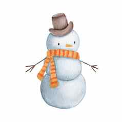 水彩可爱的雪人手画圣诞节插图他围巾胡萝卜孤立的白色背景