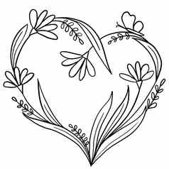手画花插图花叶子心形状植物蝴蝶黑色的行大纲树叶情人节爱设计概念