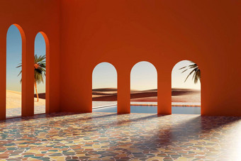 渲染夏天场景设计奢侈品度假胜地游泳池美丽的阳光明媚的沙漠景观