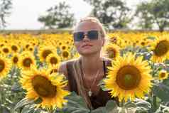 美丽的女人向日葵场日落享受夏天自然有吸引力的金发女郎长健康的头发