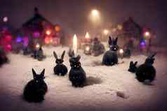 黑色的兔子雪晚上小镇街舒适的圣诞节户外微型神经网络生成的艺术