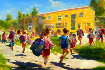 孩子们运行回来学校夏天一天接近黄色的学校博尔丁摘要油画神经网络生成的艺术
