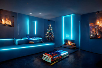 简约蓝色的霓虹灯照亮国内圣诞节室内神经网络生成的艺术