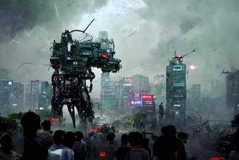 巨大的机器人后卫台湾城市包围人群人神经网络生成的艺术