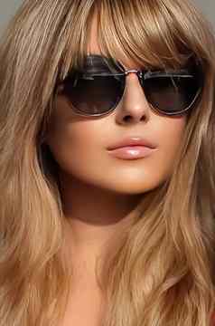奢侈品时尚旅行美脸肖像年轻的金发女郎女人穿别致的太阳镜晒黑了皮肤长海滩波发型夏天附件魅力风格