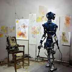 拟人化机器人艺术家工作室画架绘画油漆工作神经网络生成的艺术