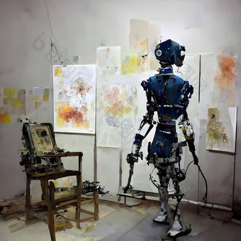 拟人化机器人艺术家工作室画架绘画油漆工作神经网络生成的艺术