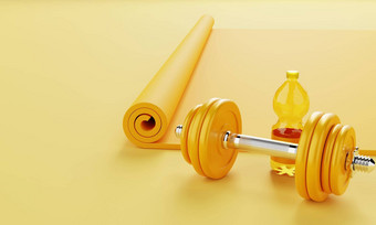 体育运动健身集瑜伽席喝水瓶哑铃柔和的黄色的<strong>背景</strong>健身体育运动概念<strong>纯色</strong>插图呈现