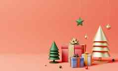 圣诞节集装饰点缀金圣诞节树色彩斑斓的礼物盒子雪花红色的背景假期节日极简主义对象概念插图呈现