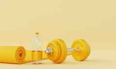 体育运动健身集瑜伽席喝水瓶哑铃柔和的黄色的背景健身体育运动概念纯色插图呈现