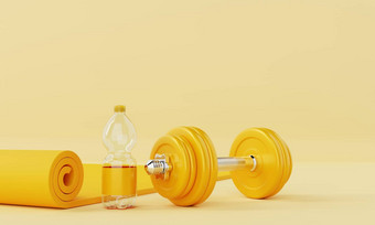 体育运动健身集瑜伽席喝水瓶哑铃柔和的黄色的背景健身体育运动概念纯色插图呈现