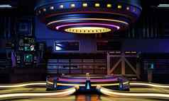 赛博朋克科幻产品讲台上展示宇宙飞船黄色的蓝色的紫色的粉红色的背景技术对象概念插图呈现
