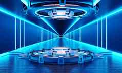科幻产品讲台上展示宇宙飞船白色蓝色的背景空间技术对象概念插图呈现