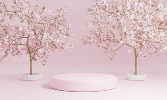 最小的<strong>风</strong>格油缸粉红色的产品讲台上展示樱桃开<strong>花树</strong>樱花日本语言公共花园技术对象概念插图呈现