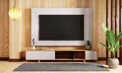 日本风格现代生活房间挂模型电视墙背景室内体系结构概念插图呈现