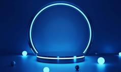 赛博朋克蓝色的空讲台上发光的灯黑暗产品演讲技术科幻概念插图呈现