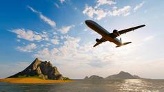飞机飞行海洋海阳光闪亮的蓝色的天空背景旅行旅程旅游热运输概念插图呈现