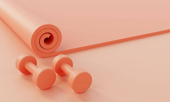 体育运动健身配件集瑜伽席哑铃柔和的粉红色的背景健身体育对象概念纯色插图呈现