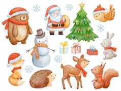 可爱的圣诞老人老人鹿熊雪人集水彩圣诞节插图孤立的白色