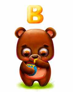 卡通有趣的泰迪熊蜂蜜信字母