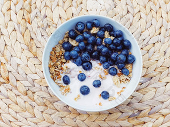 蓝莓酸奶<strong>麦片</strong>碗健康的早餐早....餐甜蜜的食物有机浆果<strong>水果</strong>饮食营养
