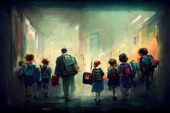 孩子们学生著书包学校大厅接近黄色的教室通过摘要油画神经网络生成的概念艺术