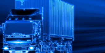 快交付卡车黑暗蓝色的背景卡车运输半预告片容器物流行业运费运输<strong>未来</strong>主义的卡车自治开车概念货物航运