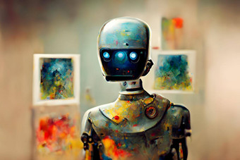 拟人化机器人艺术家工作室关闭肖像神经网络生成的艺术