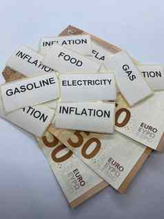 特写镜头通货膨胀电汽油食物气体纸标签欧元笔记