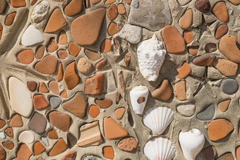 概念古老的文化关闭照片破碎的彩色的石头海贝马赛克背景模式贝壳混凝土构建材料海贝壳模式灰色的背景夏天概念