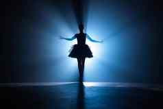 轮廓芭蕾舞舞者图图执行跳舞阶段芭蕾舞女演员实践地板上黑暗工作室烟霓虹灯光