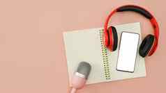 平躺聪明的电话耳机麦克风笔记本粉红色的背景广播播客写博客技术概念