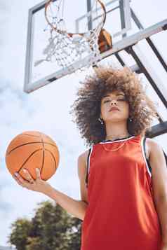 篮球球员健身体育培训女人健康健康动机锻炼肖像视图女孩法院放松游戏锻炼希望背景