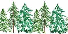 水彩无缝的手画边境圣诞节树冬天12月森林木林地装饰松冷杉针叶树分支机构雪饰品水平剪纸艺术框架