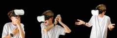 集年轻的人虚拟现实眼镜黑色的背景网络技术
