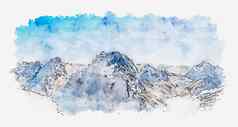 水彩绘画插图高山覆盖雪