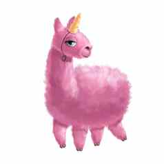 粉红色的羊驼女孩水彩手画插图孤立的白色有趣的火焰独角兽