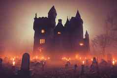 插图恐怖城堡背景墓地万圣节晚上
