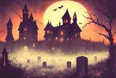 插图恐怖城堡背景墓地万圣节晚上