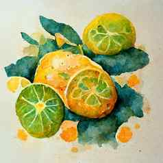 新鲜的柑橘类水果水彩柑橘类石灰橙色柠檬片